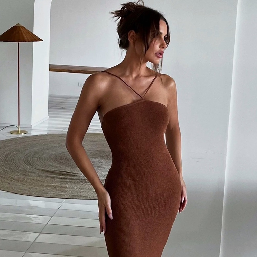 MESHKI Aryana Asymmetrical Straight Maxi Halter Knit Dress - Clay - XS